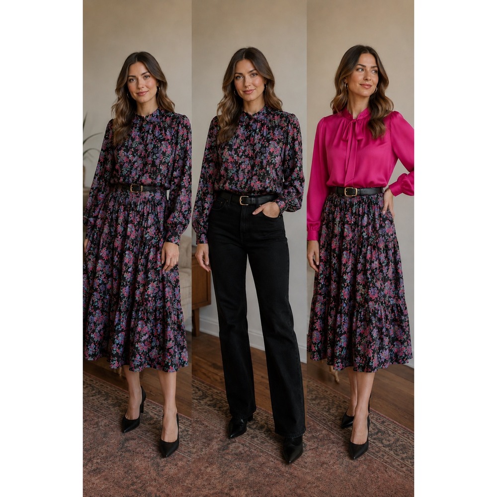 Conversation Pieces Skirt Set Womens L Floral Black Cotton Good Tiered  2pc - Picture 11 of 13